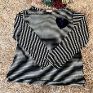 Crewcut Long sleeve Black & White Pin Stripped T-Shirt with Blue Heart, Size 4-5